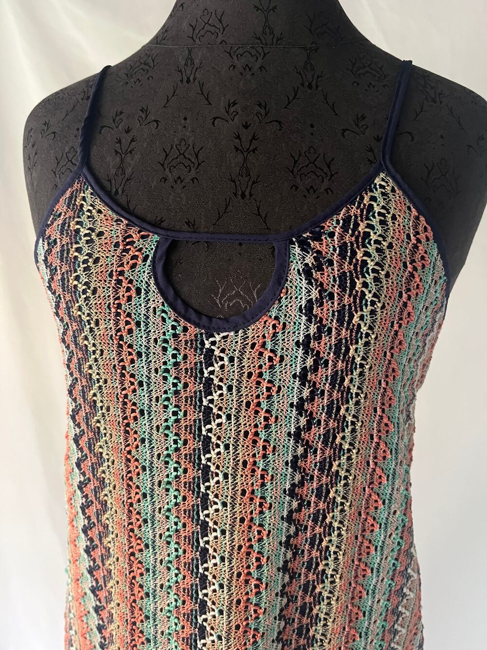 love...ady Women's Crochet Dress Size Small Multicolor Navy Coral Teal Boho